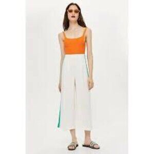 Topshop White Crepe Green Blue Stripes Pleated Wide Leg Crop Pants Women's 4